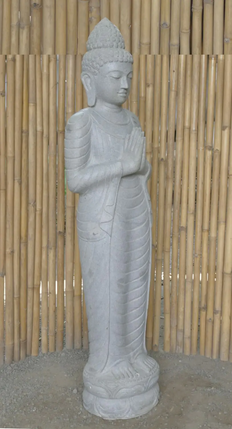  Product image 6 of the product “Standing Buddha made of Riverstone, position Namaskara , H. 185cm. There is a stone eye on the right thight. ”